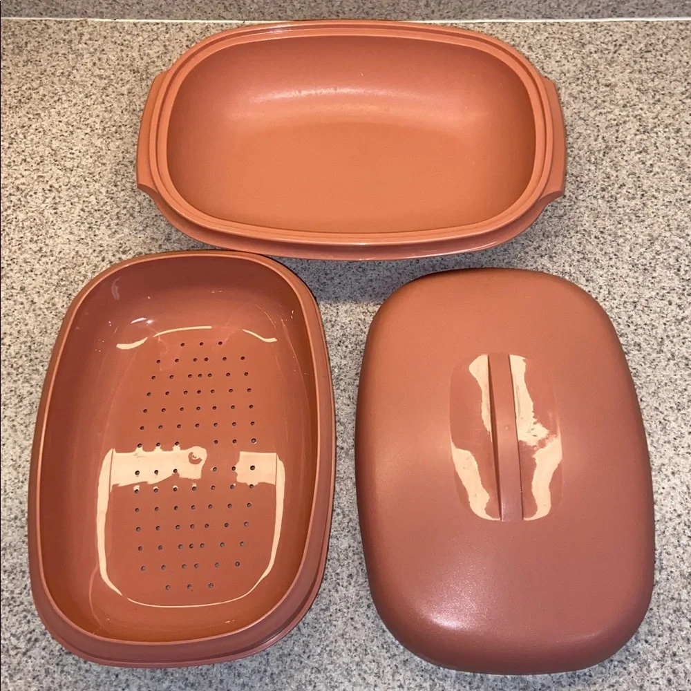 Vintage Tupperware 6 Cup Steamer 3 piece Set for Microwave Dusty Rose 1273 - 6